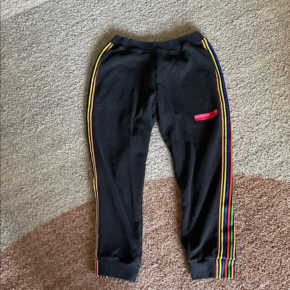 Adidas by Stella McCartney Black Joggers with Rainbow Stripes Luxury Athleisure